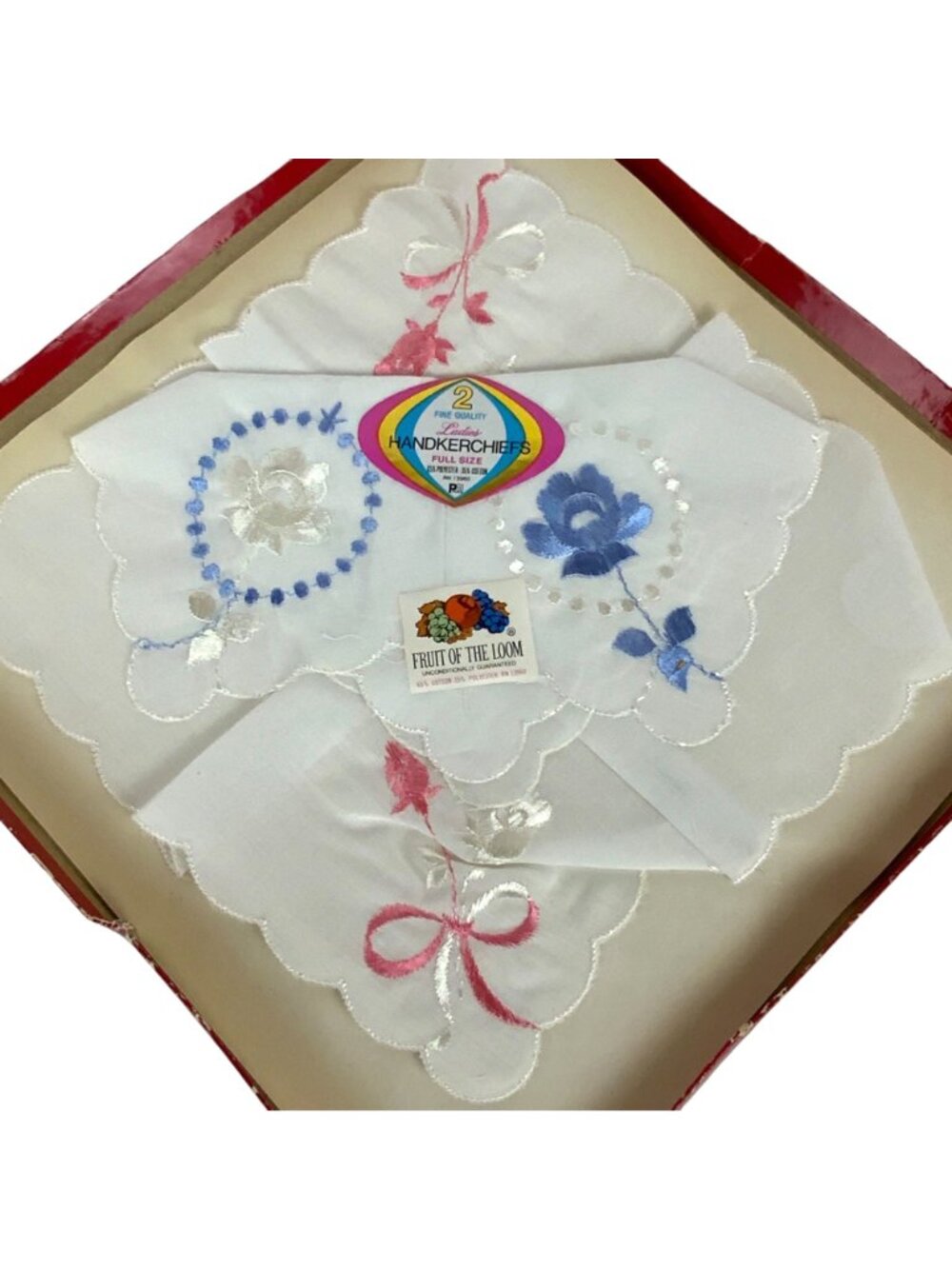 Vintage Fruit Of The Loom Ladies Embroidered Handkerchiefs Set Of 2 Cotton Blend - Picture 2 of 4